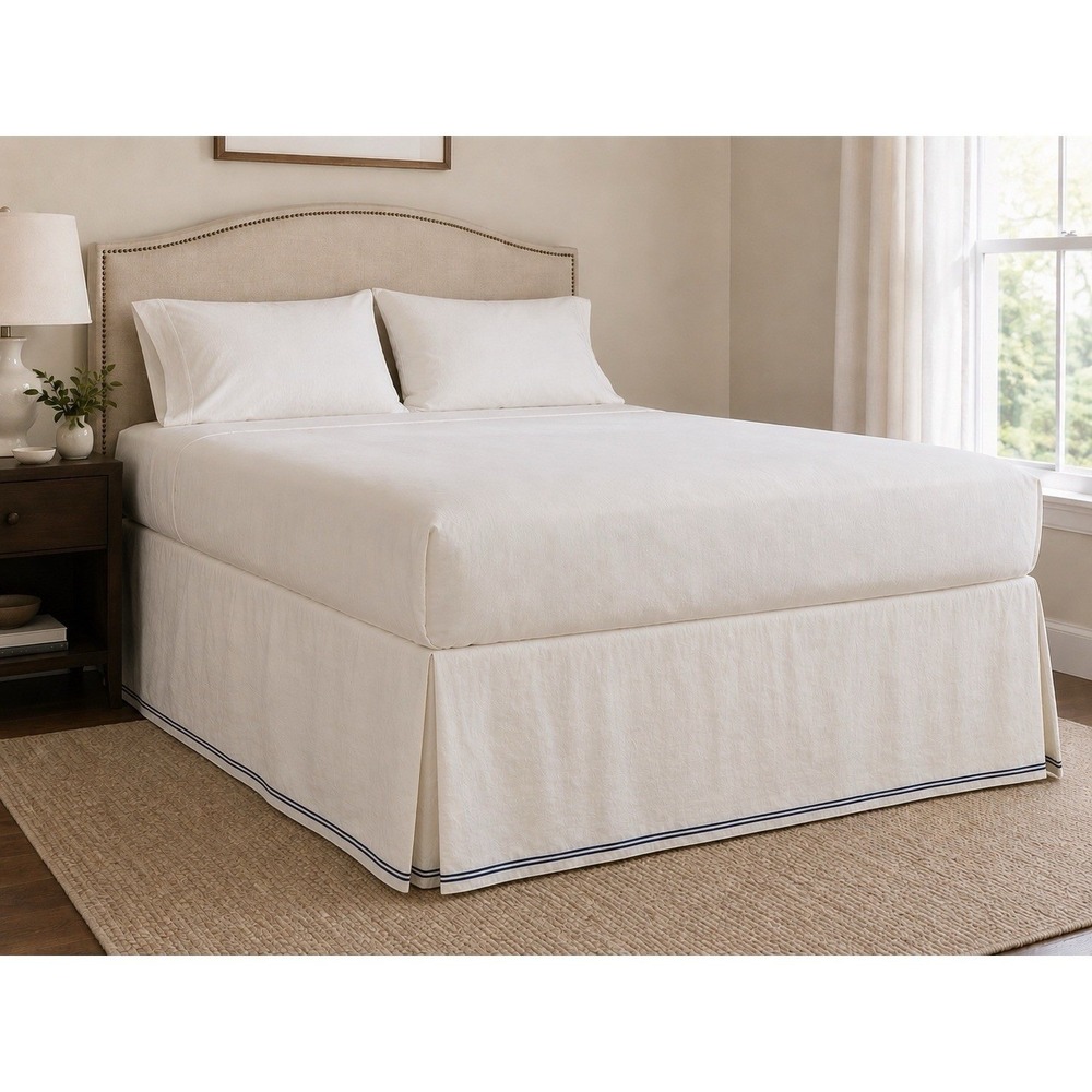 Restoration Hardware Full Bed Skirt Crisp White Blue Trim Detail Nautical